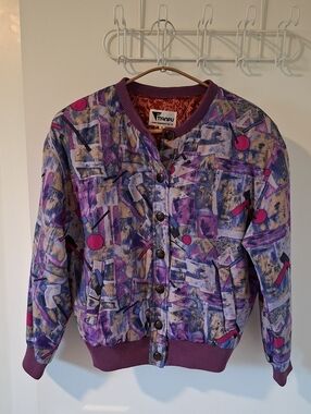 Vintage 80's 100% Silk Purple Geo-print Quilted Bomber Jacket (Size M)